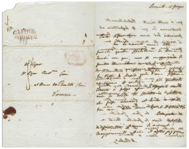 Mary Shelley Autograph Letter Signed Regarding Letters Written by Percy Shelley -- ''...This place is truly a paradise, its beauty is indescribable. We live in a peace and tranquillity...''